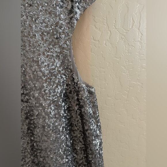 New Dress the Population Ryan Sequin Platinum Gunmetal Mesh Insert Midi Dress M - Picture 3 of 11